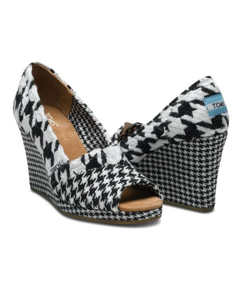TOMS Scottish Houndstooth Wedges Peep Toe Black White Tweed Plaid sz 6
